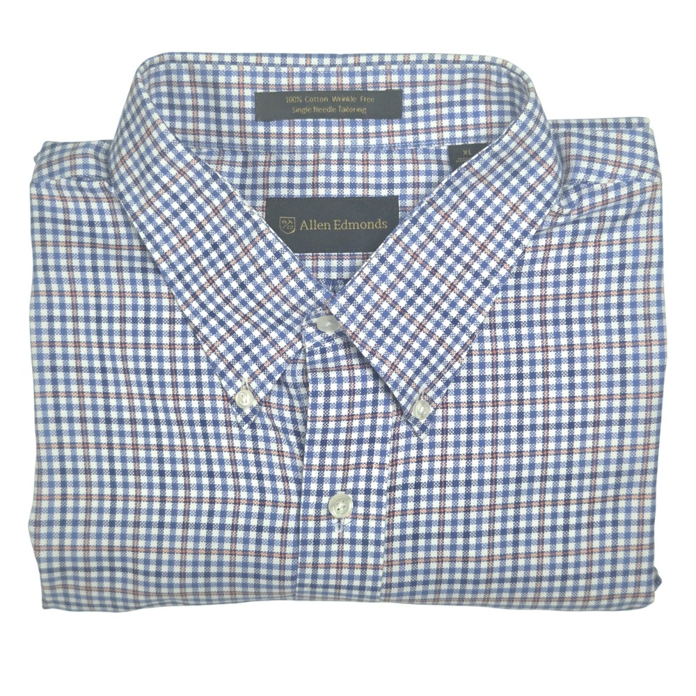 Allen Edmonds Button Down Shirt Mens XL Blue Gingham Wrinkle Free 503-45BU AE004